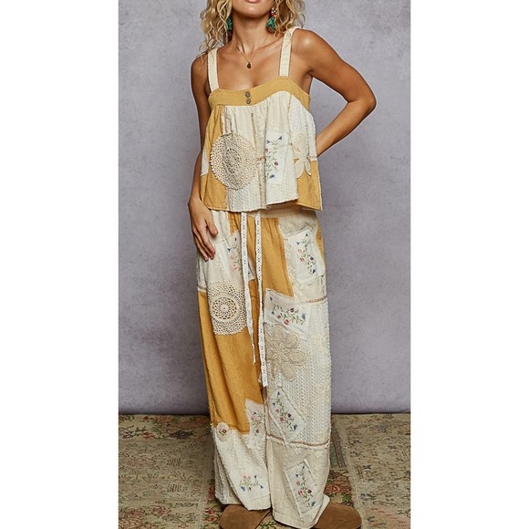 POL Pants - POL Patchwork Floral Embroidered Crochet Lace Cami Top & Wide Leg Pants Set S